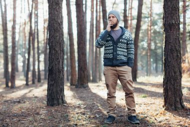 bir sakallı bir genç adam bir çam Ormanda yürür. Acımasız bir portresi sakallı adam sonbahar orman