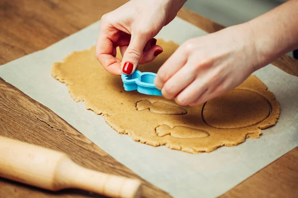 Cozinhar Conceito Casa Close Mãos Femininas Fazendo Biscoitos Massa Fresca — Fotografia de Stock