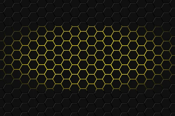Абстрактная трехмерная рендеринг футуристической поверхности с шестиугольниками. Темный желтый фон . — стоковое фото
