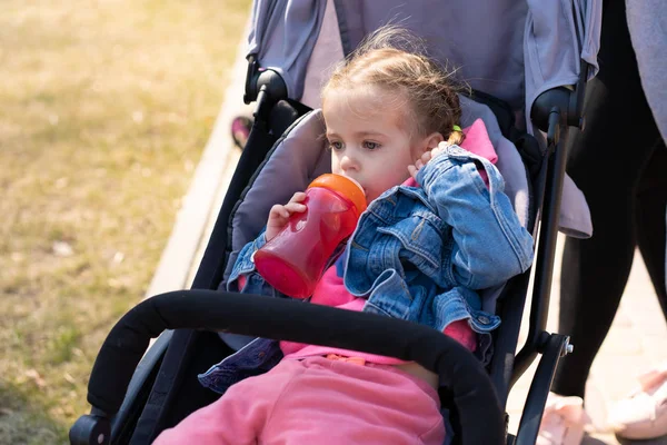 Klein meisje drinkt SAP uit een fles tijdens het zitten in een baby koets op een wandel — Stockfoto