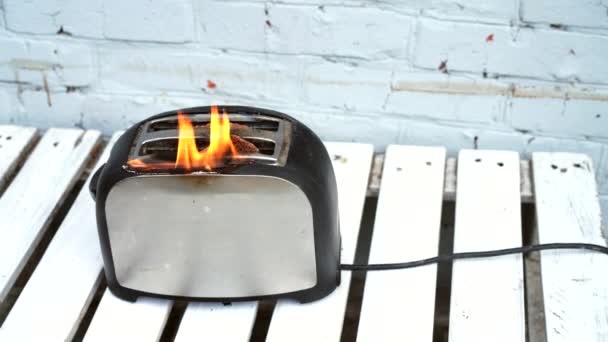 Brinnande brödrost. Brödrost med två skivor toast fångas på elden över vit bakgrund — Stockvideo