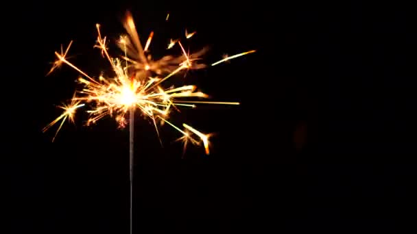 Sparkler sobre fundo preto. Fusível a arder ou fogo de bengala isolado. Iluminação espumante de Natal . — Vídeo de Stock