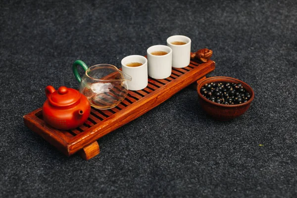 Chinese tea ceremony Asian wooden table board chaban top view copy space morning energy. — Stock Photo, Image