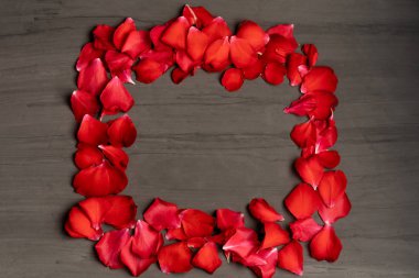 Koyu çimento masa üzerinde gül yapraklarından yapılmış kare bir kare. 