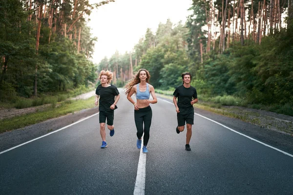 A group of three people athletes one girl and two men run on an asphalt road in a pine forest. — Stock Photo, Image