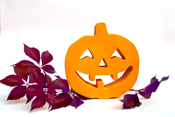 Halloween pumpkin with autumn leaves and white background. Isolated — Stock Photo, Image