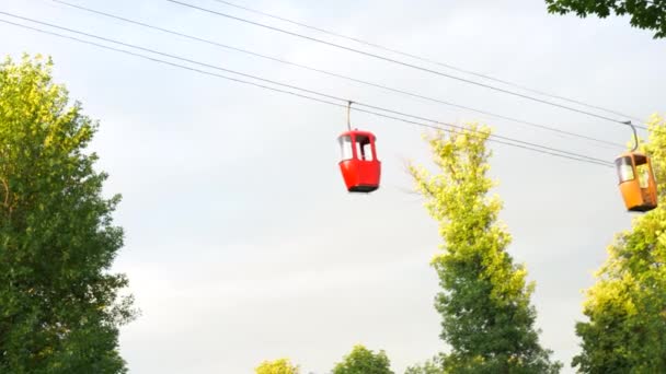 Visa på linbana med små vagnar som rider över kronor träd sommar solig dag. — Stockvideo