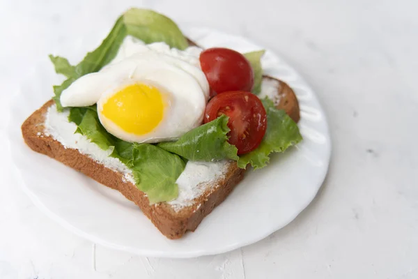 Sandwich con ensalada de huevos fritos y tomate en un plato blanco sobre fondo blanco . — Foto de Stock