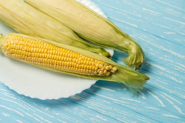 Corn cob with green leaves lies on white plate blue color background. — Stock Photo, Image