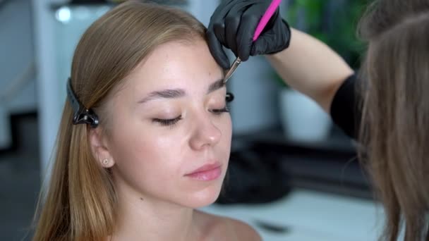 Young beautician caucasian girl holds model eyebrow correction — Stock Video