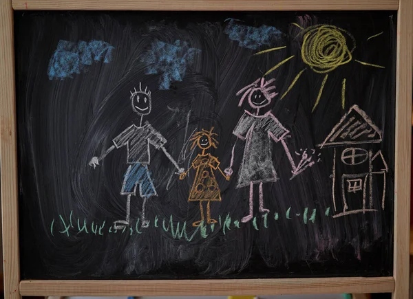 Children Multicolored Chalk Drawing Blackboard Painting Chalkboard Family Father Mother — Stock Photo, Image