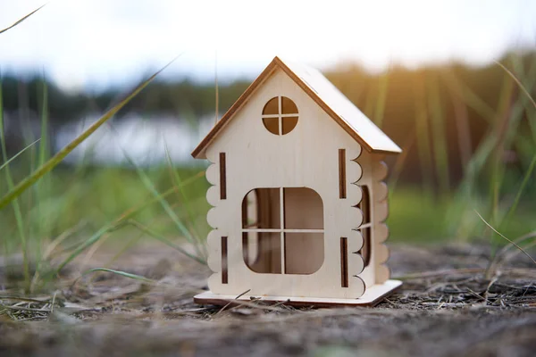 Casa Madera Miniatura Naturaleza Aire Libre Concepto Inmobiliario Vivienda Moderna — Foto de Stock