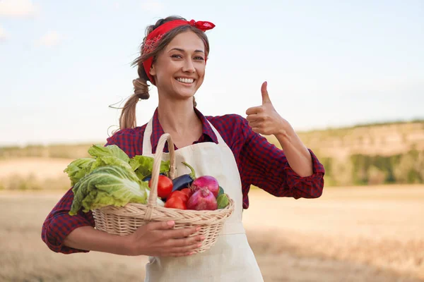 Femme Agricultrice Montrant Pouces Vers Haut Panier Exploitation Légumes Oignon — Photo