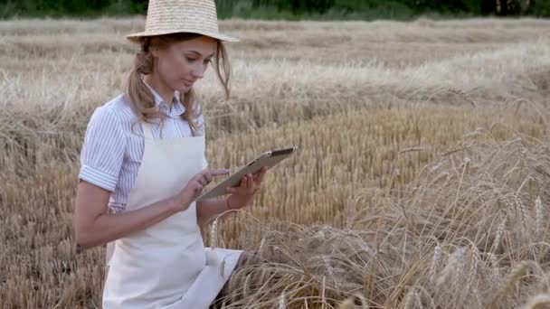 Kvinnlig bonde halm hatt smart jordbruk sittande jordbruksmark ler med hjälp av digitala tablett Kvinnlig agronomen specialist forskning övervakning analysdata agribusiness — Stockvideo