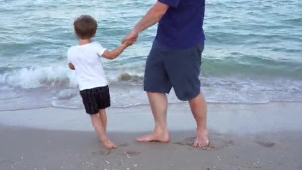 パパは息子の手を握ってる 父子供一緒に海の休暇を過ごす若い男小さな男の子ビーチを歩く父の日 1人の子供を持つ家族 パパと幸せな子供時代 — ストック動画