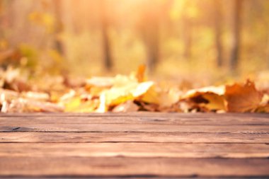 Boş ahşap masa sonbahar akçaağacı doğayı bir açık hava teması ile bokeh arkaplanından ayırır, şablon ürün görüntüsü için maket oluşturur alanı kopyala
