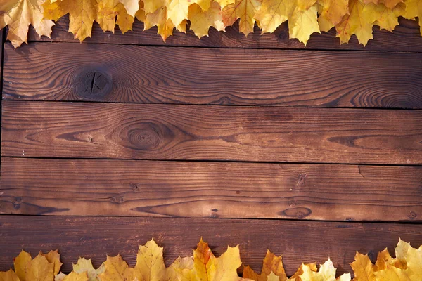 Jesienne Liście Ramki Drewnianym Tle Widok Góry Jesień Border Yellow — Zdjęcie stockowe