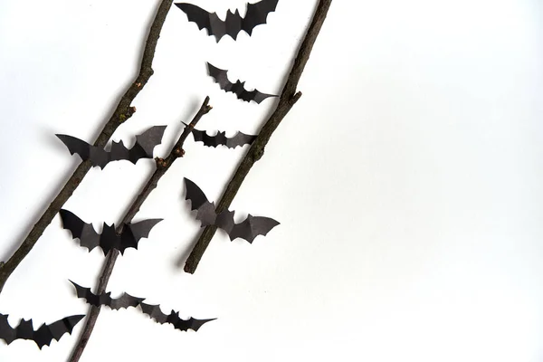 Concepto Decoración Halloween Murciélagos Papel Negro Rama Seca Palo Fondo — Foto de Stock