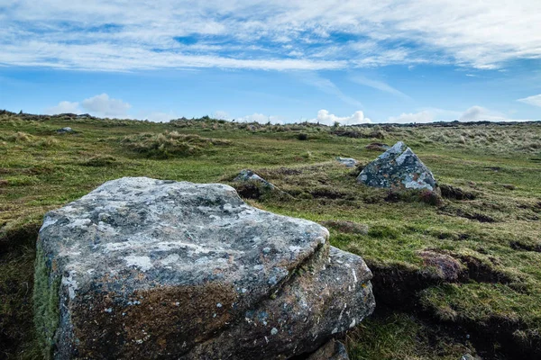 Gri büyümüş kayalar yosun ve likenler çevresinde; Yeşil çayır bulutlu gökyüzü ile bir ufuk oluşturur