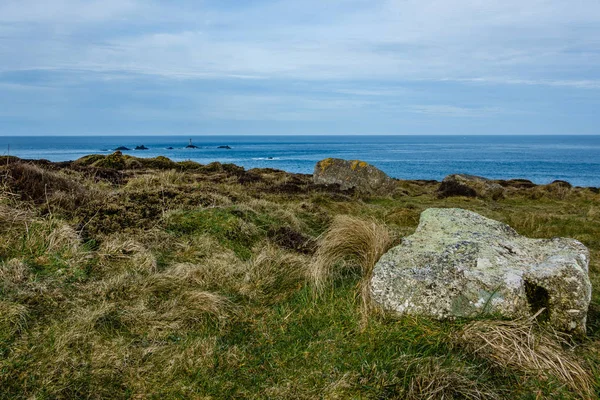 Prados Paisagem Marinha Primavera Esverdeado Pedras Cinzentas Perto Grama Verde — Fotografia de Stock