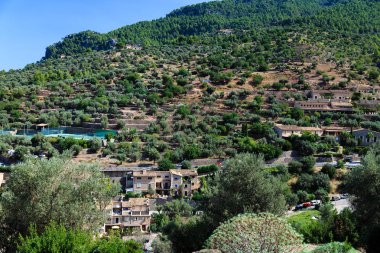 doldurulan, bir büyük dağ orada her yerde bir ev, üst, ağaçlar ve zeytin ağaçları her yerde alttan yılan gibi bir yol değil
