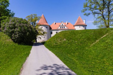 Bahar günü, eski, tarihi Kalesi, yeşil çim her iki tarafı ve karahindiba çiçekler açar, soldaki büyük leylak bush üzerinde yol boş. Bauska Castle, Letonya, 2018