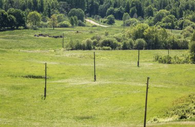 Gözetleme kulesinden yol, çayır ve ormanlarla yeşil kırsala bak