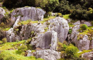 insan yerleşimeski, tarihi bir yer, sadece kaya sol merdiven tırmanma ve tüm çim ve çalılar ile büyümüş.