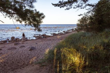 yaz akşamı, gölgede deniz kumlu ve kayalık kıyı şeridi kıyı kumulları görünümü; bir taş üzerinde kadın ve mesafe denize bakıyor