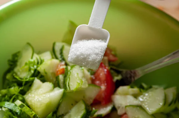 Spoon Salt Bowl Vegetable Salad — Stock Photo, Image