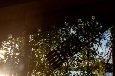 Soyut kırsal arka plan. Güneşli bir parıltı ve evin oyulmuş ahşap süslemeleri.