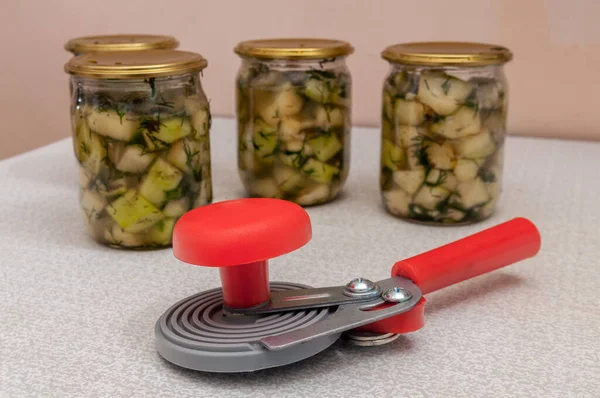 Can Sealing Machine Jars Ready Made Canned Vegetables — Stock Photo, Image