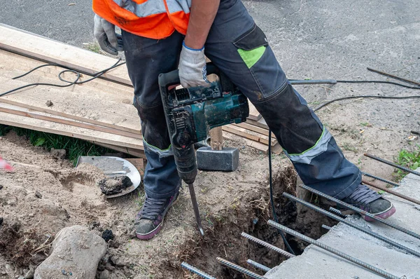 Trabajador Para Con Martillo Neumático Durante Las Obras Carretera — Foto de Stock