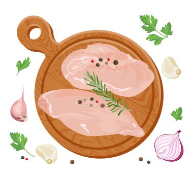 Beyaz arka plan üzerinde izole kesme ahşap tahta üzerinde taze çiğ tavuk fileto. Et yemek için hazır. Tavuk göğsü ve soğan, sarımsak, maydanoz, karabiber, yenibahar, rosemary. Vektör çizim