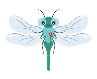 Beyaz arka planda izole çiçek ile Dragonfly. Basit çocuk tarzında sevimli komik karakterin vektör renkli Illustration. Düz simge.