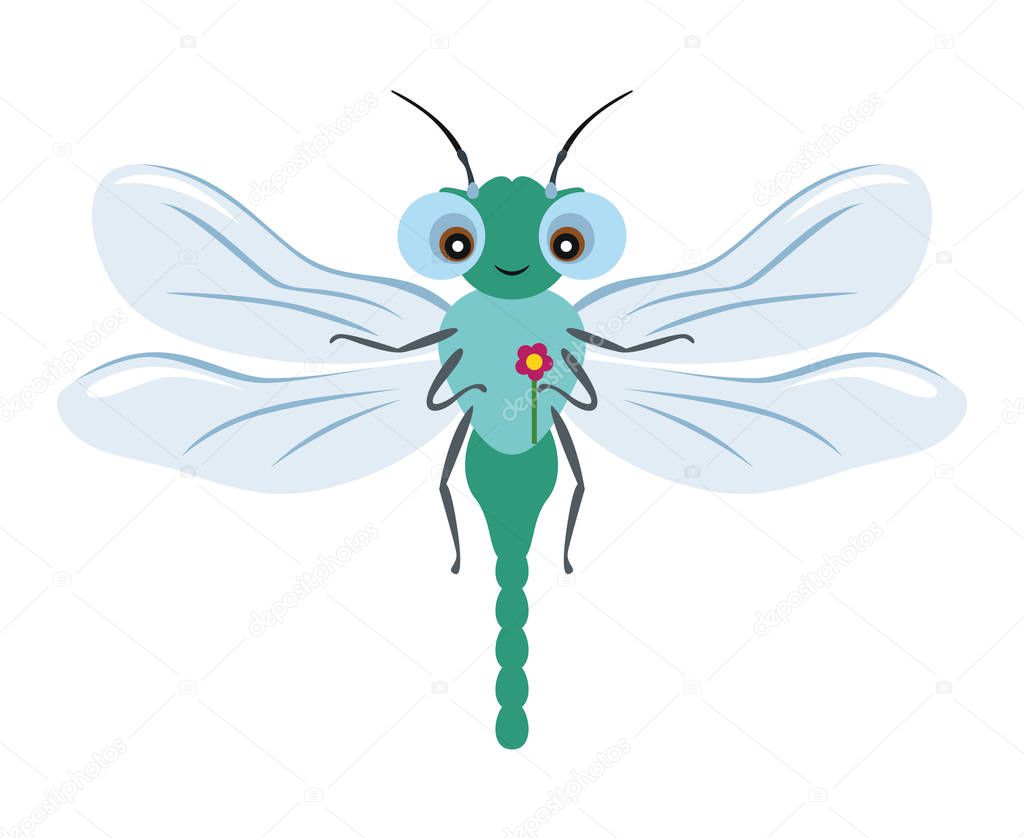 Dragonfly with flower isolated on white background. Vector colorful illustration of cute funny character in simple children's style. Flat icon.