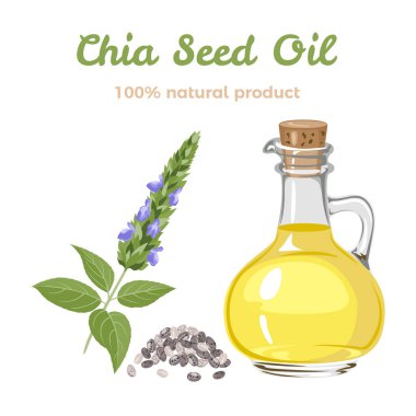 Chia seed oil in a glass bottle, branch of flowering green plant and heap of seeds isolated on white background. Vector illustration of healthy product in cartoon simple flat style. clipart