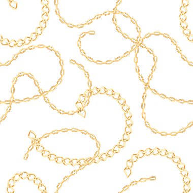 beyaz arka plan üzerinde altın zincirleri dikişsiz desen. Karikatür düz tarzı metal takı Vektör illüstrasyon.