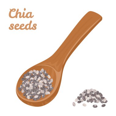 Beyaz arka plan üzerinde izole ahşap kaşık Chia tohumları. Karikatür düz tarzda sağlıklı taneyığının vektör illüstrasyonu. Vegan gıda.