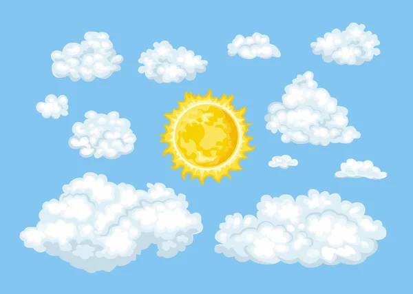 Nuvens Desenhos Animados Diferentes Formas Pôr Sol Ilustração Vetorial Céu — Vetor de Stock