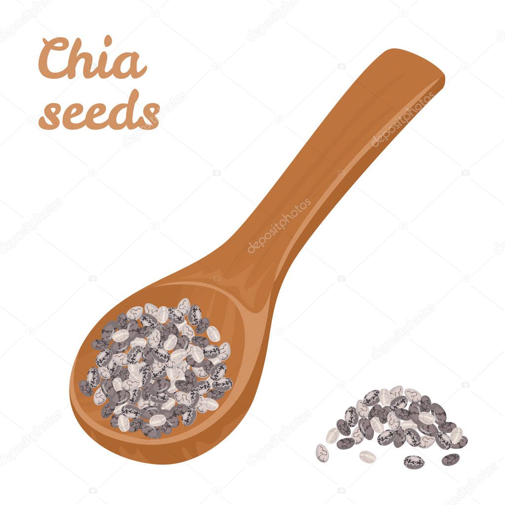 Chia seeds in wooden spoon isolated on white background. Vector illustration of heap of healthy grains in cartoon flat style. Vegan food.