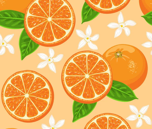 Апельсины Бесшовный Рисунок Цитрусовые Фруктовые Карикатуры Зеленые Листья Цветы Векторная — стоковый вектор