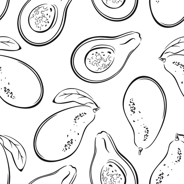 Avocado Nahtlose Schwarz Weiße Muster Vektormonochrome Darstellung Von Umrissen Des — Stockvektor