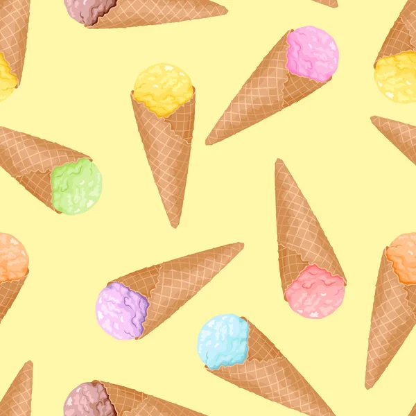 Helado Cono Gofre Sobre Patrón Sin Costuras Fondo Amarillo Ilustración — Archivo Imágenes Vectoriales