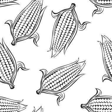 Mısır anahat dikişsiz desen. Tahıl, tahıl Vektör siyah beyaz illüstrasyon. Sebze arka plan.