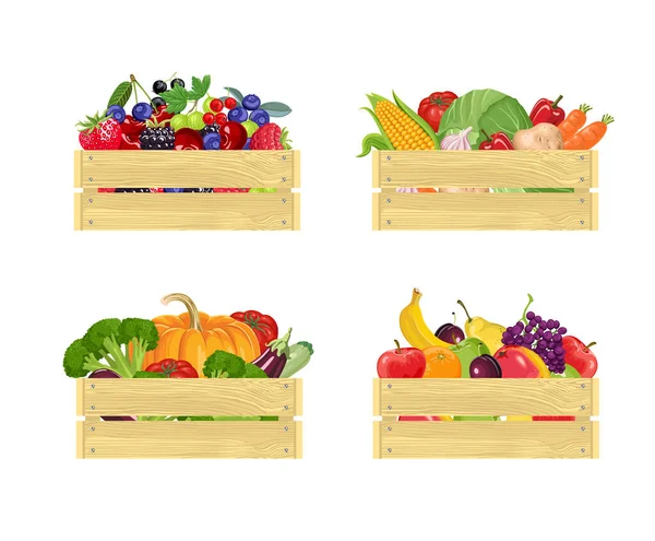 Set Wooden Boxes Different Fresh Vegetables Berries Fruits Isolated White — Stock Vector