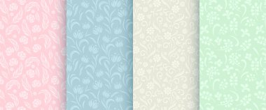 Süslü, pürüzsüz desenli çiçekler. Farklı renklerde çiçek arkaplanı koleksiyonu. Vektör illüstrasyonu. 