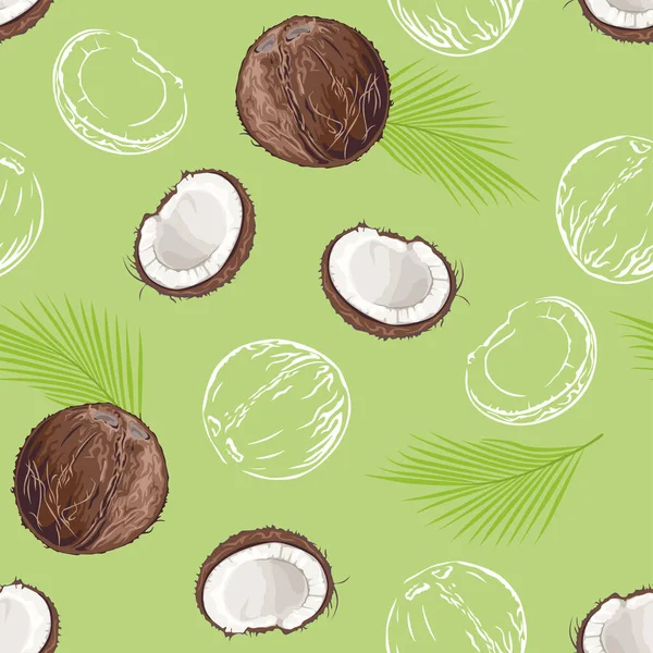 Kokosnötter Och Gröna Blad Grön Bakgrund Vektor Illustration Tecknad Platt — Stock vektor