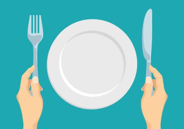 Ellerinde bıçak ve çatal var, boş beyaz bir tabak..