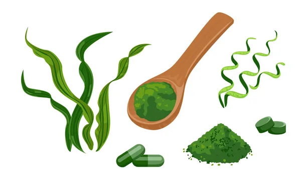 Set Cartoni Animati Alghe Spirulina — Vettoriale Stock